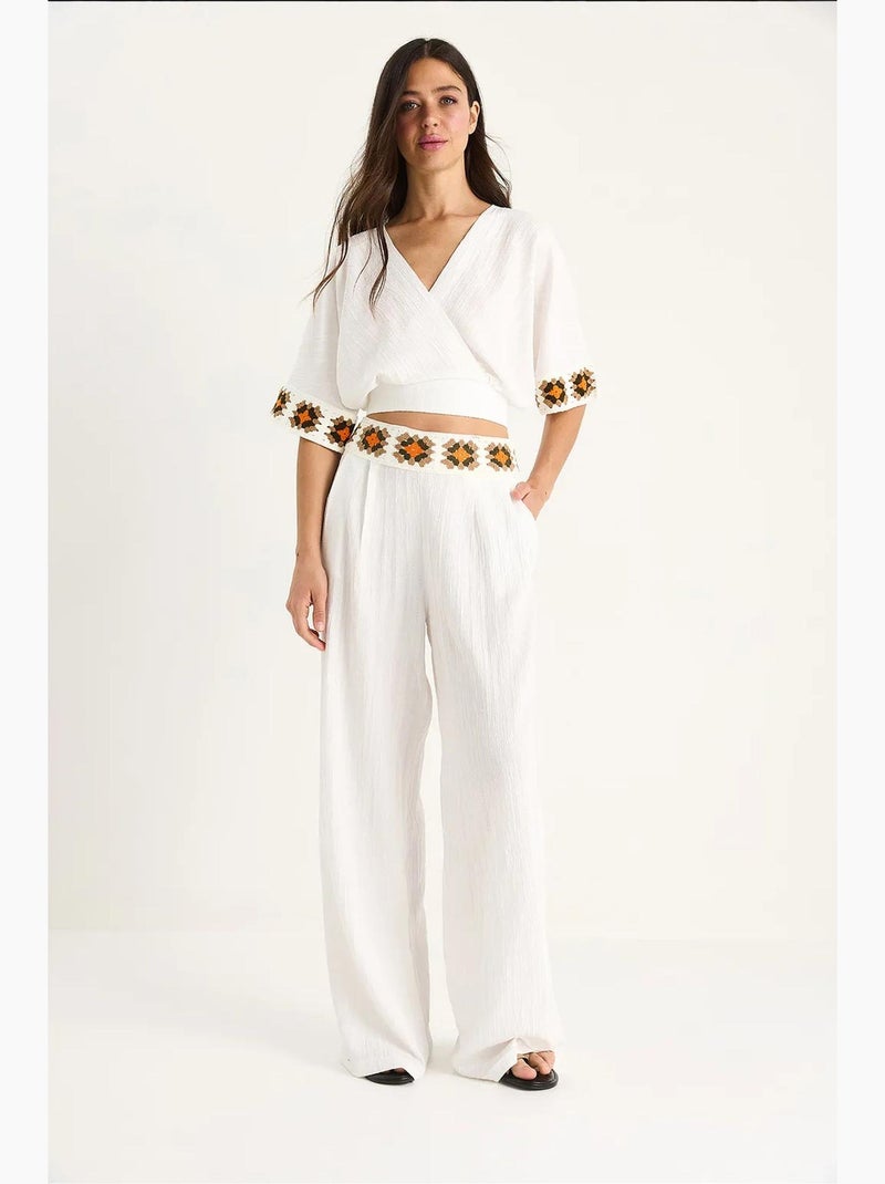 Conjunto de calças curtas de cintura subida com gola cruzada e cinto bianco knit detail lucci Branco - Kiabi