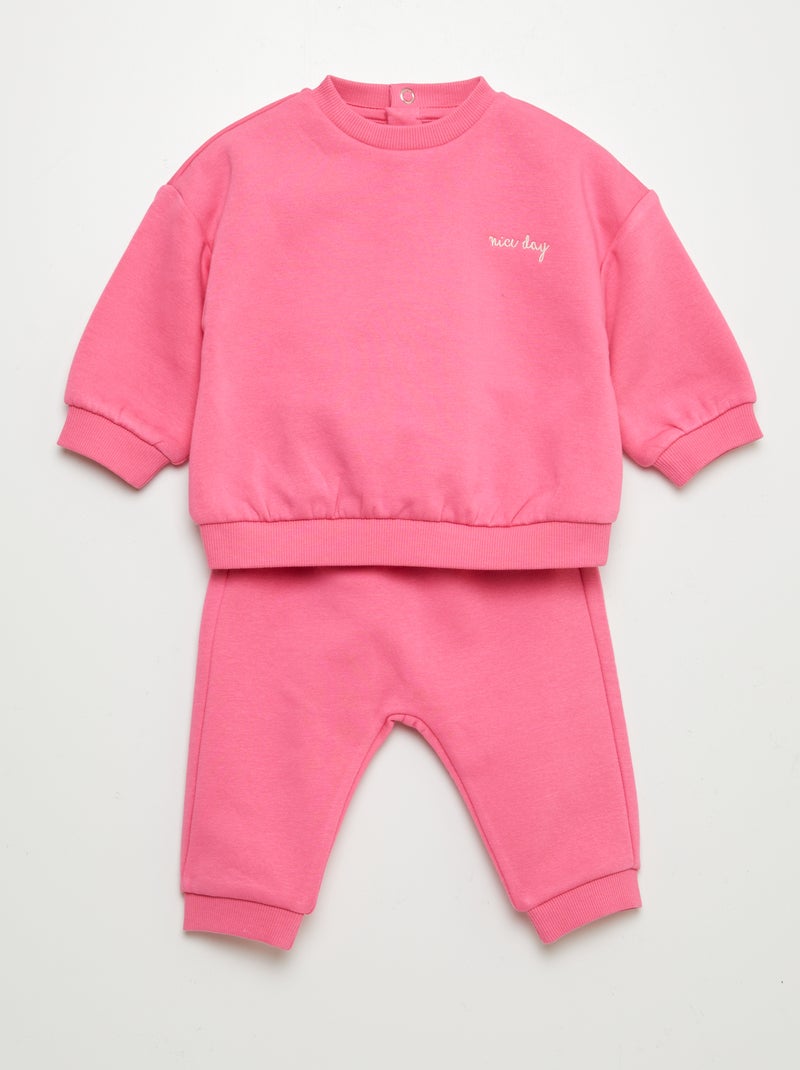 Conjunto de calças de fato de treino com sweatshirt + calças lisas em moletão - 2 peças ROSA - Kiabi