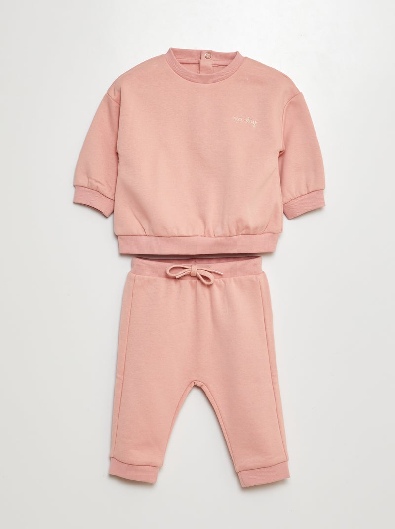 Conjunto de calças de fato de treino com sweatshirt + calças lisas em moletão - 2 peças ROSA - Kiabi