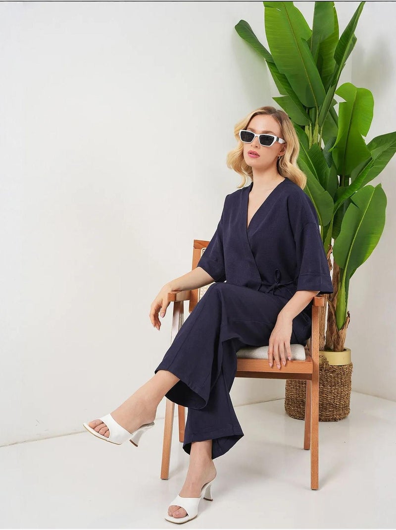 Conjunto de calças kimono oversized com decote em v e fecho de atar bdart Azul-marinho - Kiabi