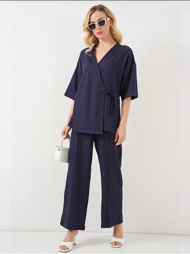 Conjunto de calças kimono oversized com decote em v e fecho de atar bdart Azul-marinho - Kiabi
