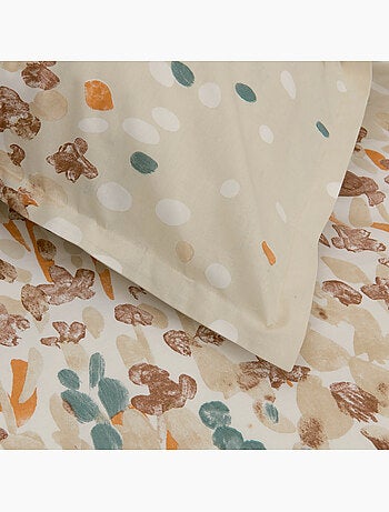 Conjunto de cama em algodão com padrão floral estilizado, incluindo fronhas