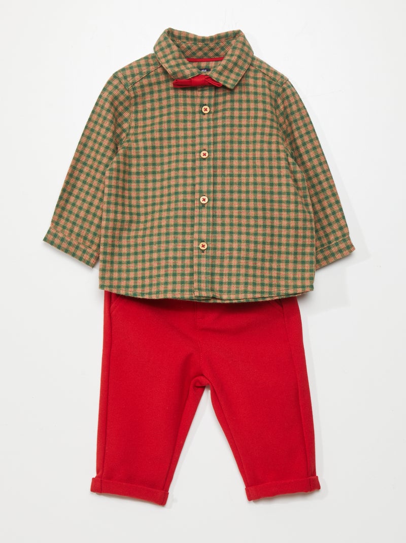 Conjunto de camisa aos quadrados + calças de flanela + papillon VERDE - Kiabi