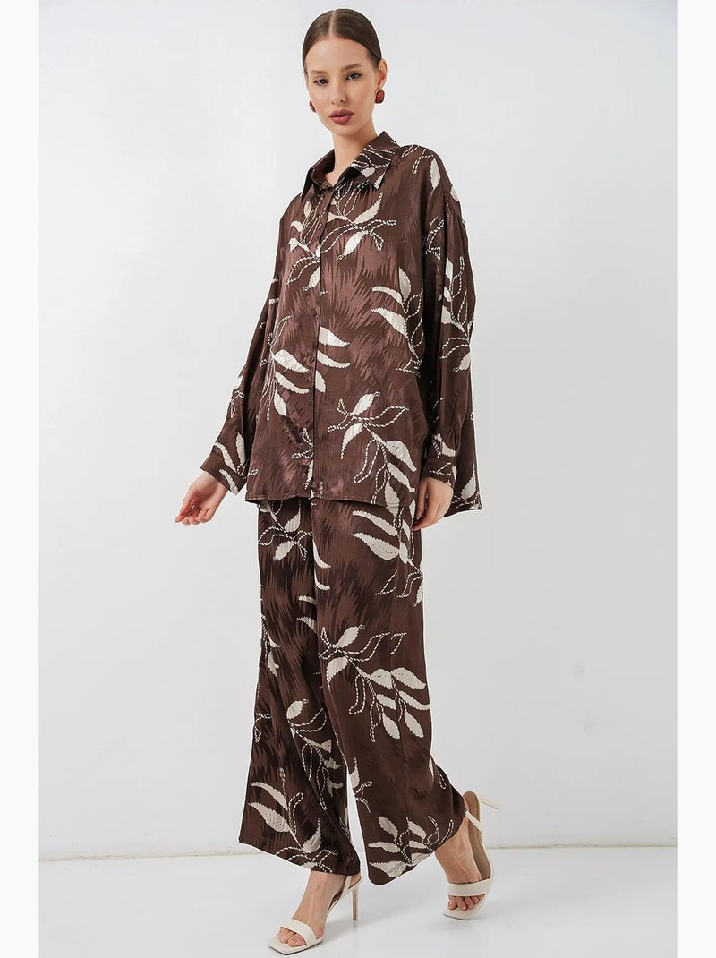 Conjunto de camisa floral em viscose e calças de perna larga bdart Castanho-chocolate - Kiabi