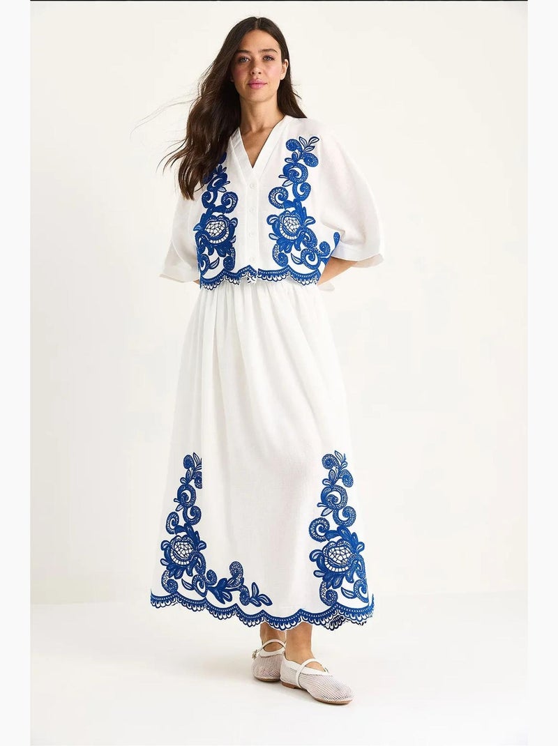 Conjunto de camisa oversized com decote em v bordada e mangas 3/4 e calças de perna larga lucci Azul-cobalto - Kiabi