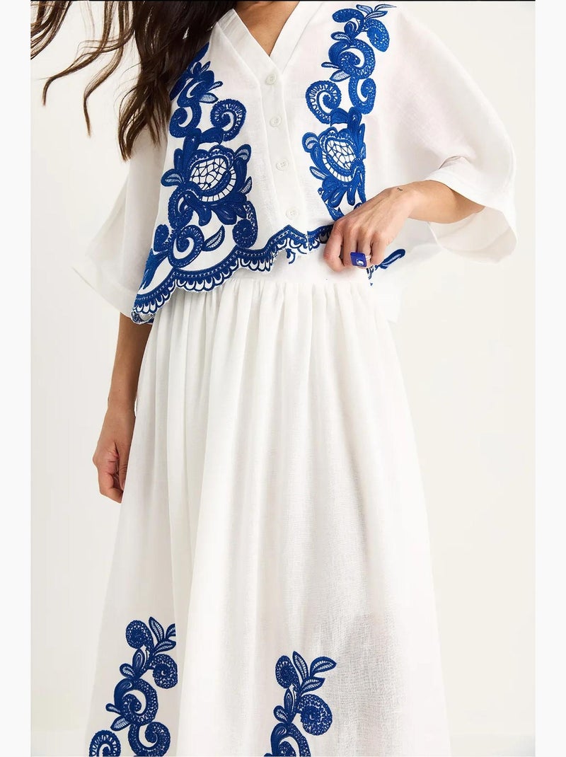 Conjunto de camisa oversized com decote em v bordada e mangas 3/4 e calças de perna larga lucci Azul-cobalto - Kiabi