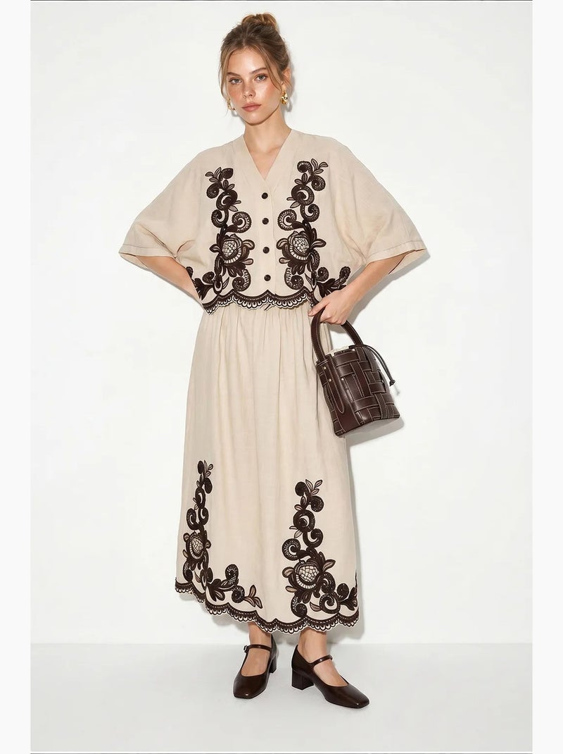 Conjunto de camisa oversized com decote em v bordada e mangas 3/4 e calças de perna larga lucci Bege-argila - Kiabi