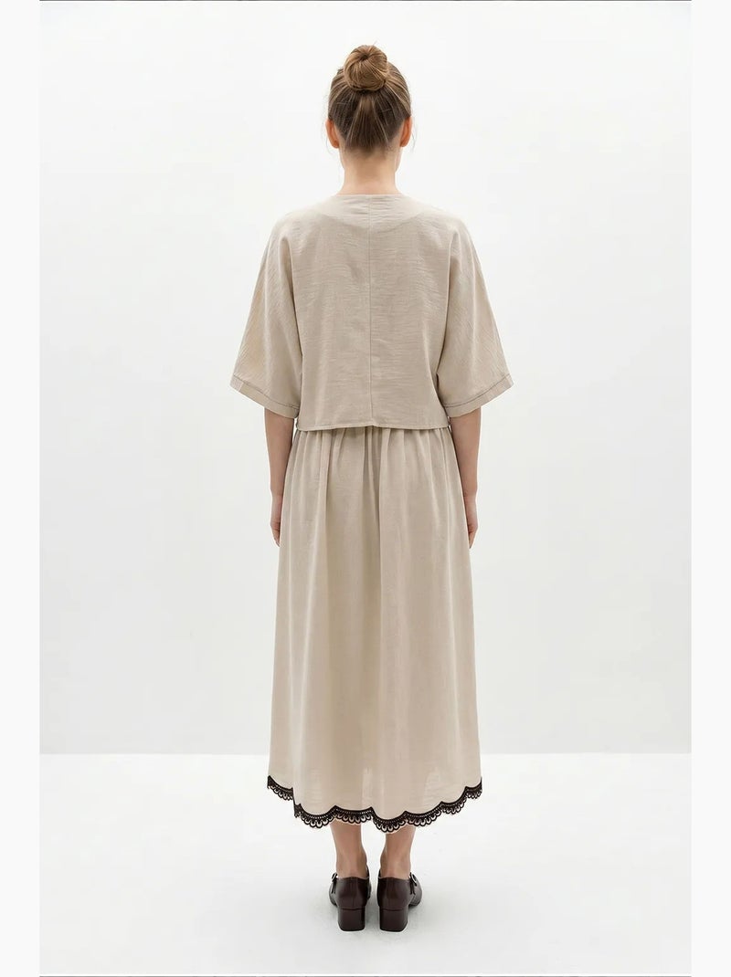 Conjunto de camisa oversized com decote em v bordada e mangas 3/4 e calças de perna larga lucci Bege-argila - Kiabi