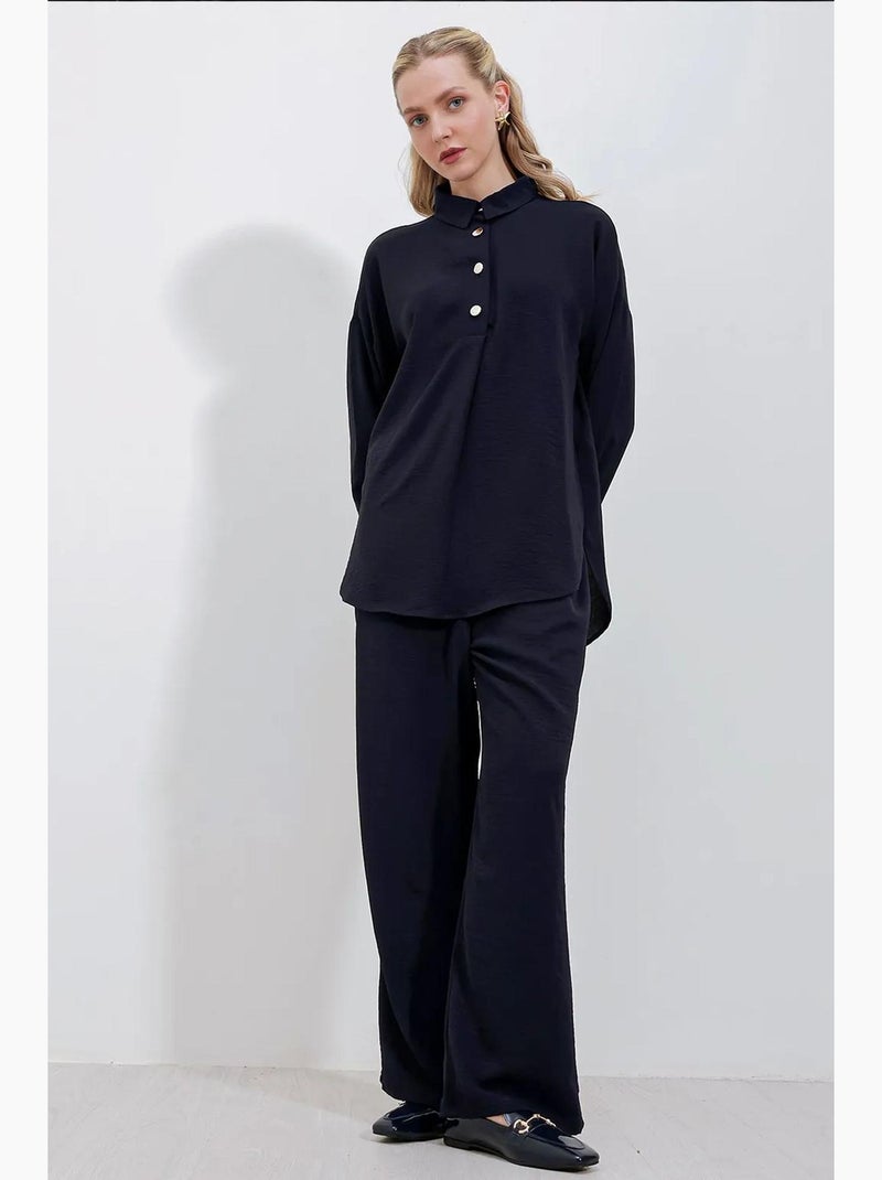 Conjunto de camisa texturizada de manga comprida com botões e calças de perna larga bdart Azul-marinho - Kiabi