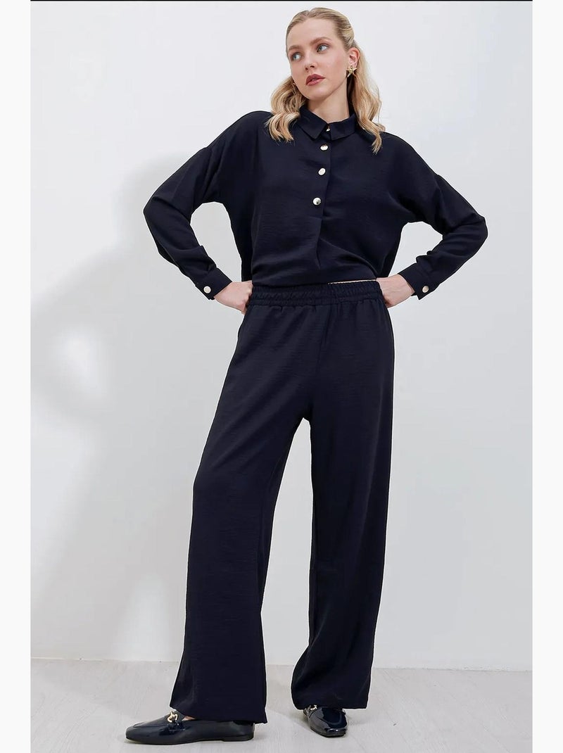 Conjunto de camisa texturizada de manga comprida com botões e calças de perna larga bdart Azul-marinho - Kiabi