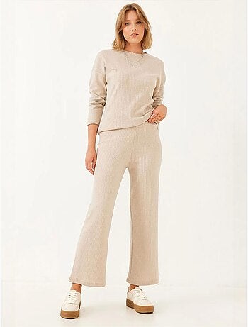 Conjunto de camisola de gola redonda e calças canelado texturizado lucci