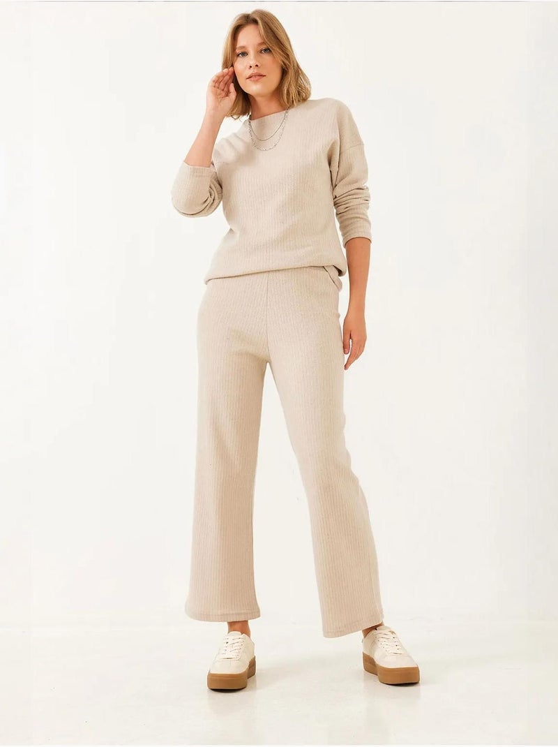 Conjunto de camisola de gola redonda e calças canelado texturizado lucci Bege-argila - Kiabi