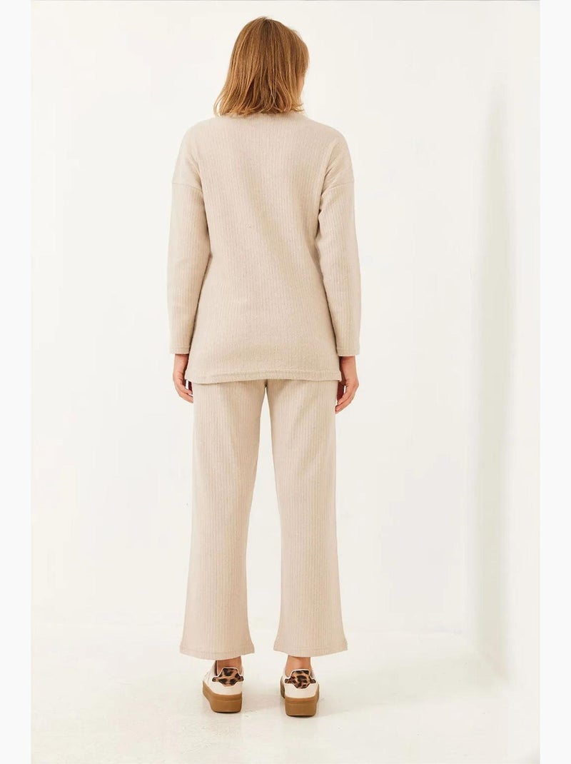 Conjunto de camisola de gola redonda e calças canelado texturizado lucci Bege-argila - Kiabi