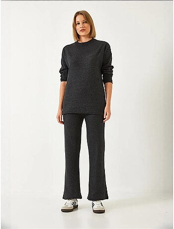 Conjunto de camisola de gola redonda e calças canelado texturizado lucci