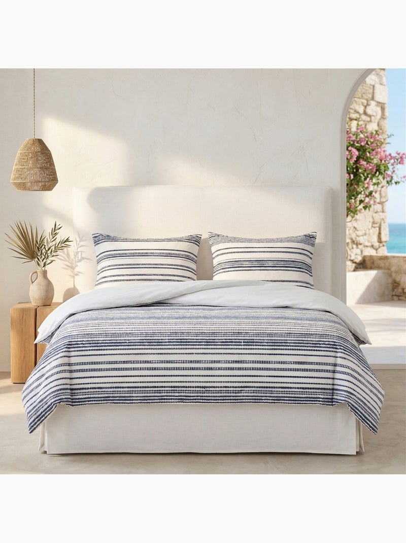Conjunto de capa de edredão 100% algodão às riscas, com capa de almofada - Gamusi Branco Azul - Kiabi