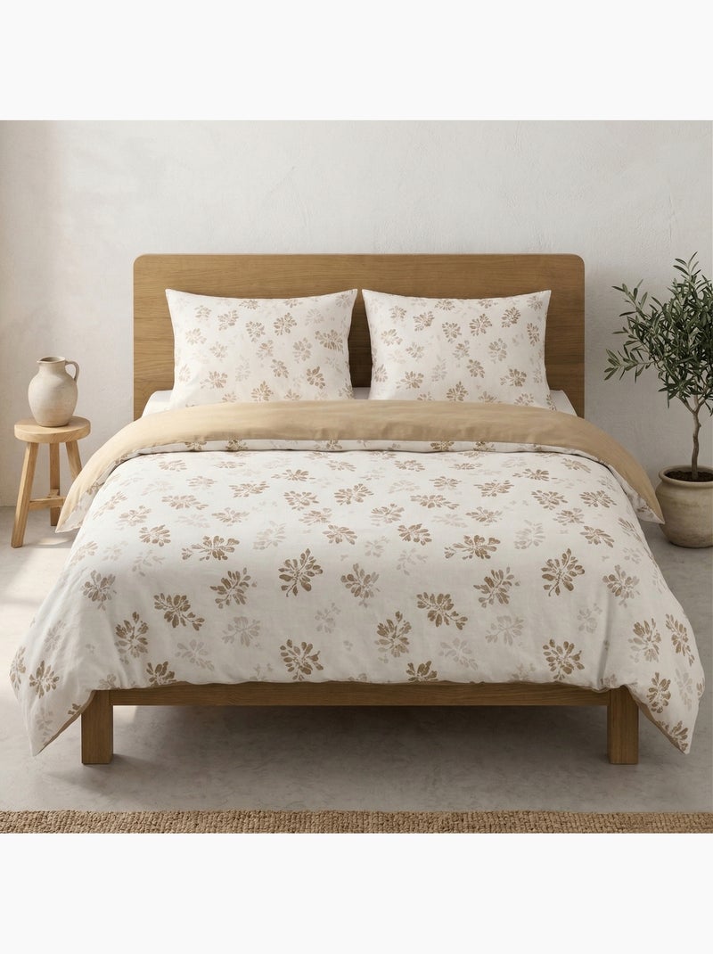 Conjunto de capa de edredão 100% algodão com design floral e capa de almofada - Gamusi Ocre - Kiabi