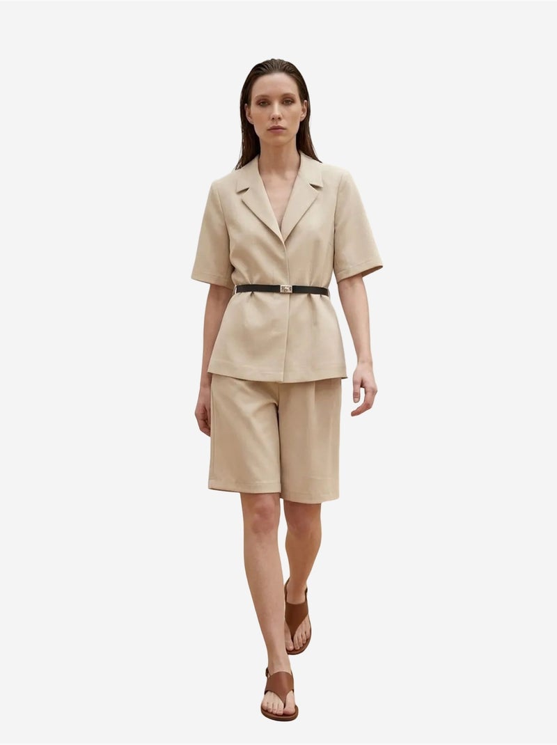 Conjunto de casaco curto e calças de perna larga com cinto my fashion Bege-argila - Kiabi