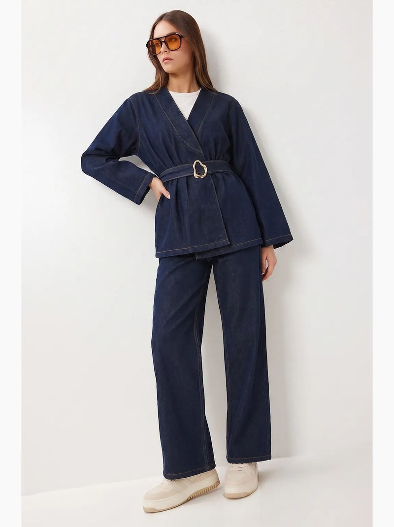 Conjunto de casaco em gabardine de algodão e calças de perna larga istanbul Azul-marinho - Kiabi