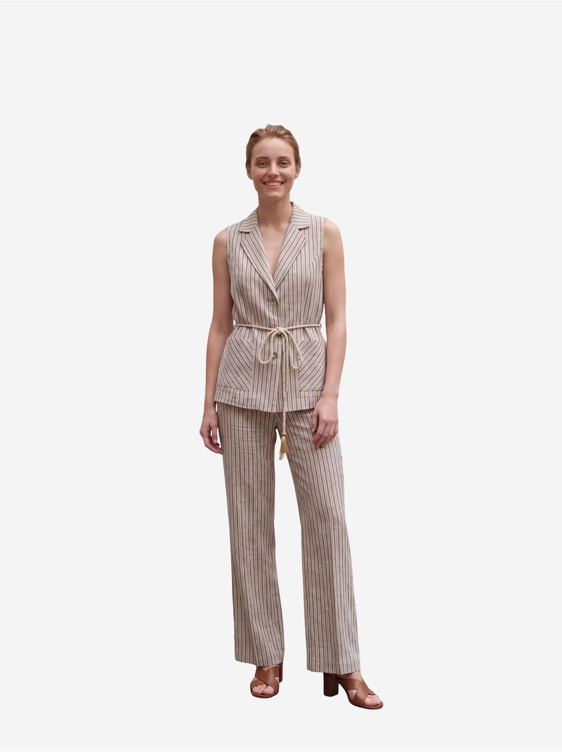 Conjunto de colete às riscas com gola xale e calças de perna larga my fashion Areia - Kiabi