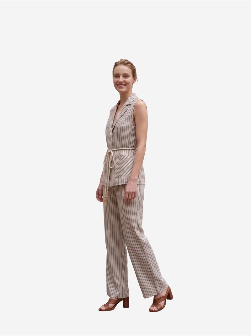 Conjunto de colete às riscas com gola xale e calças de perna larga my fashion Areia - Kiabi