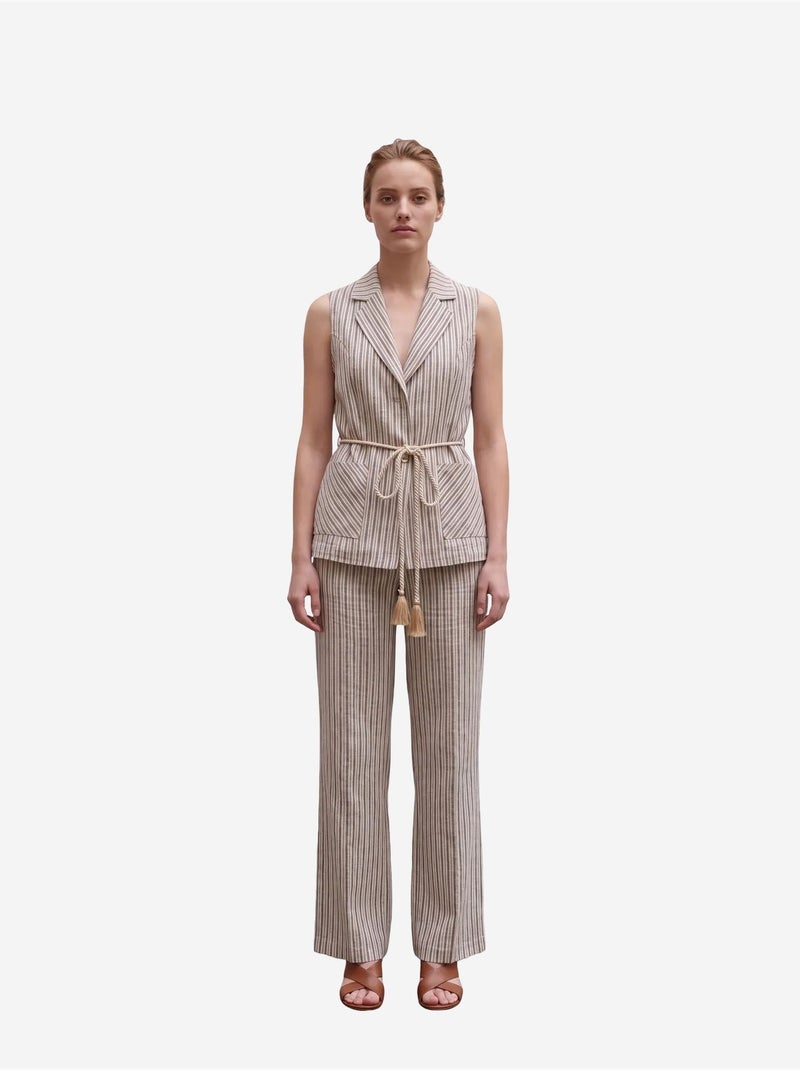 Conjunto de colete às riscas com gola xale e calças de perna larga my fashion Areia - Kiabi