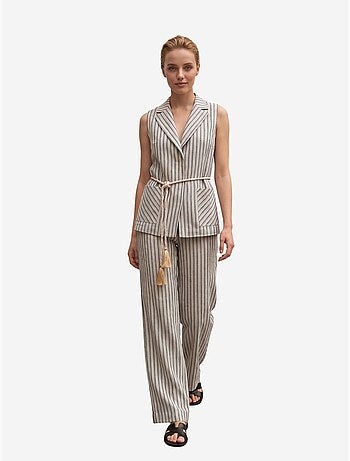 Conjunto de colete às riscas com gola xale e calças de perna larga my fashion