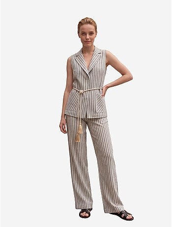 Conjunto de colete às riscas com gola xale e calças de perna larga my fashion