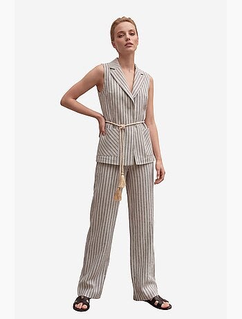 Conjunto de colete às riscas com gola xale e calças de perna larga my fashion