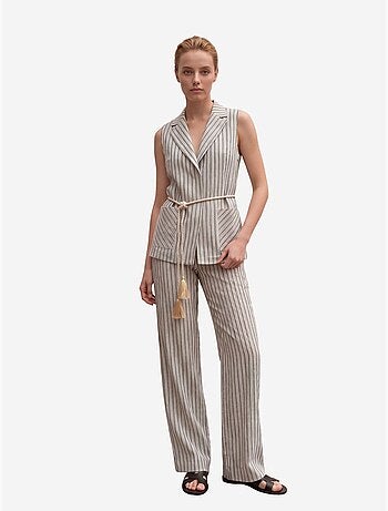 Conjunto de colete às riscas com gola xale e calças de perna larga my fashion