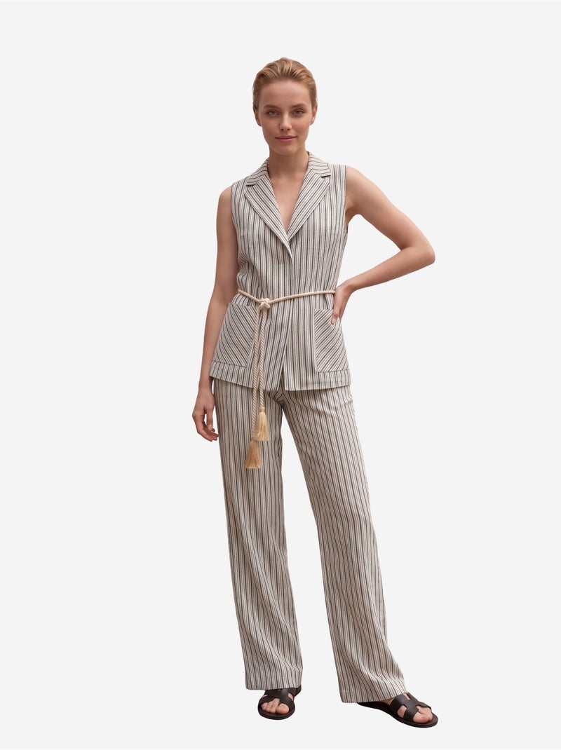 Conjunto de colete às riscas com gola xale e calças de perna larga my fashion Bege claro - Kiabi