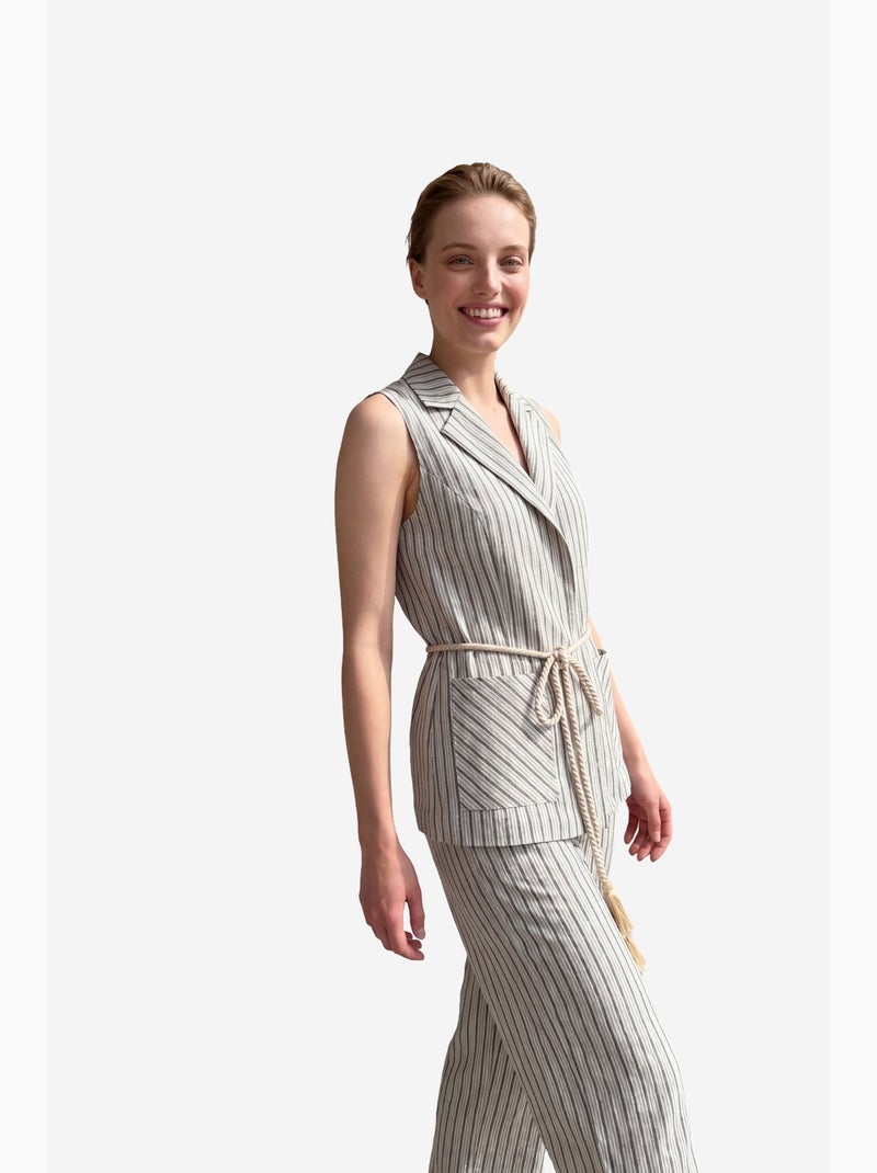 Conjunto de colete às riscas com gola xale e calças de perna larga my fashion Bege claro - Kiabi