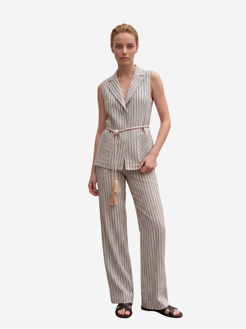 Conjunto de colete às riscas com gola xale e calças de perna larga my fashion Bege claro - Kiabi