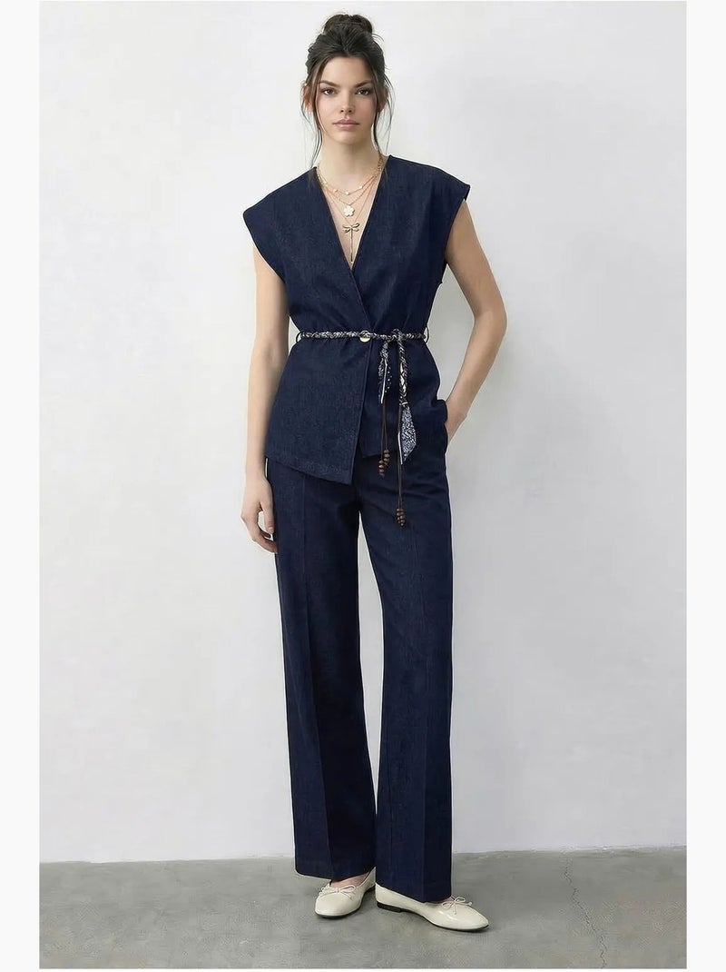 Conjunto de colete com decote em v com cinto e calças de perna larga lucci Azul-marinho - Kiabi
