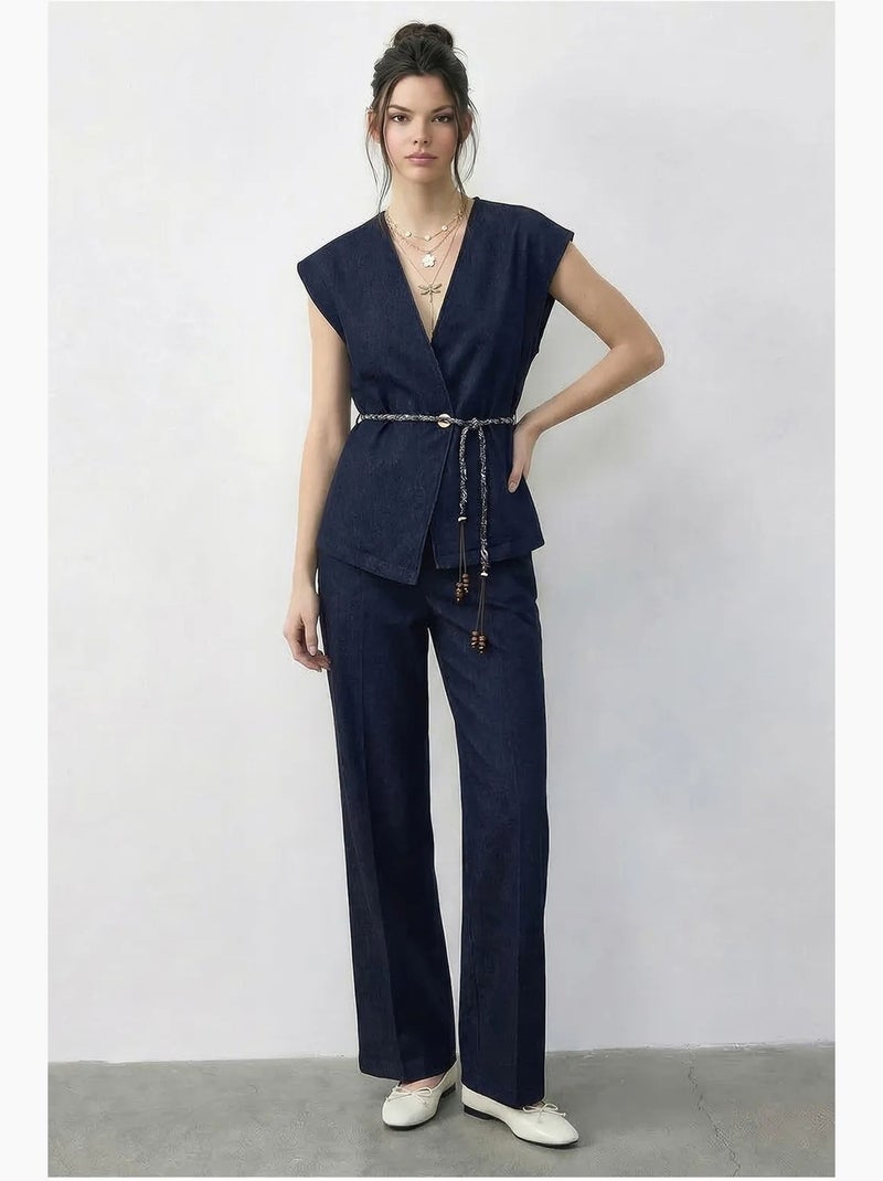 Conjunto de colete com decote em v com cinto e calças de perna larga lucci Azul-marinho - Kiabi