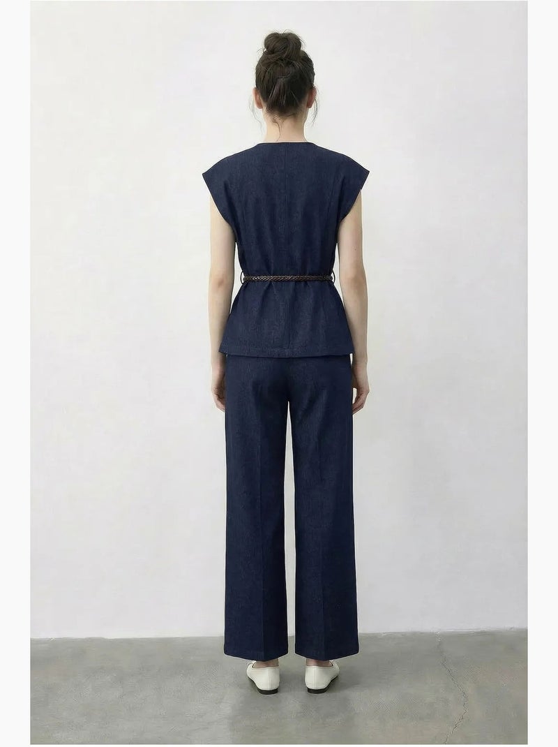 Conjunto de colete com decote em v com cinto e calças de perna larga lucci Azul-marinho - Kiabi