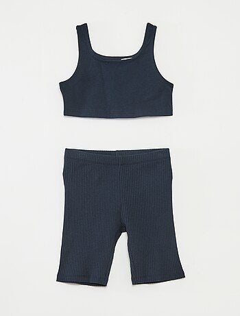 Conjunto de desporto top + calções tipo ciclista canelados - 2 peças