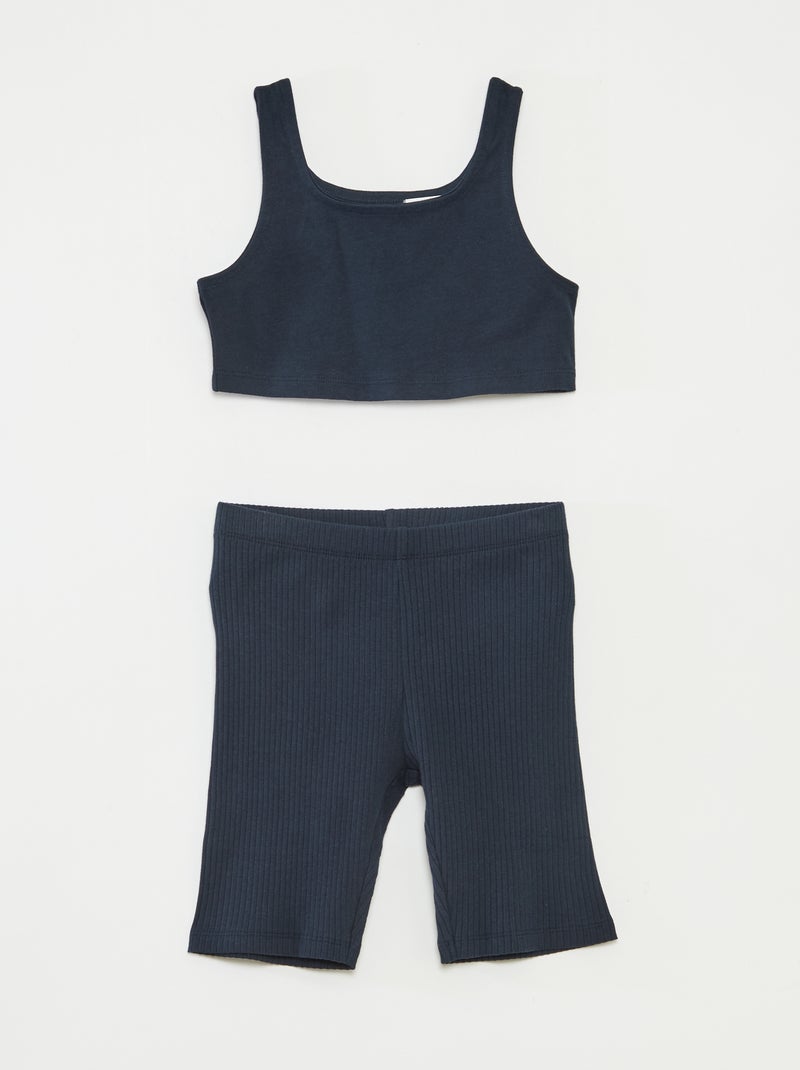Conjunto de desporto top + calções tipo ciclista canelados - 2 peças Azul - Kiabi