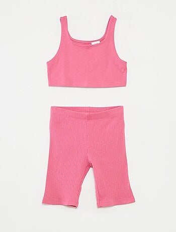 Conjunto de desporto top + calções tipo ciclista canelados - 2 peças