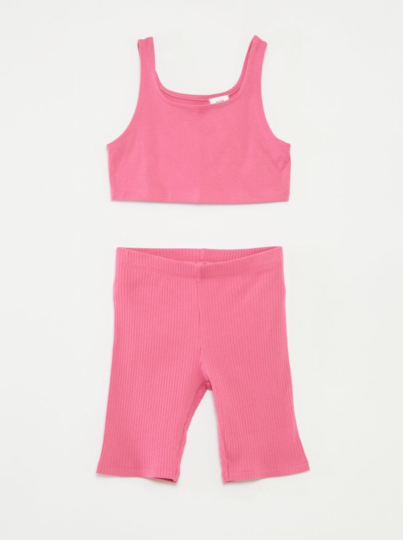 Conjunto de desporto top + calções tipo ciclista canelados - 2 peças Rosa - Kiabi