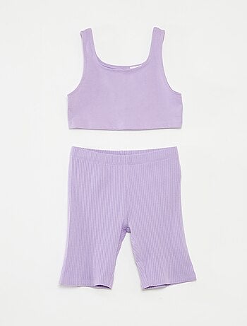 Conjunto de desporto top + calções tipo ciclista canelados - 2 peças