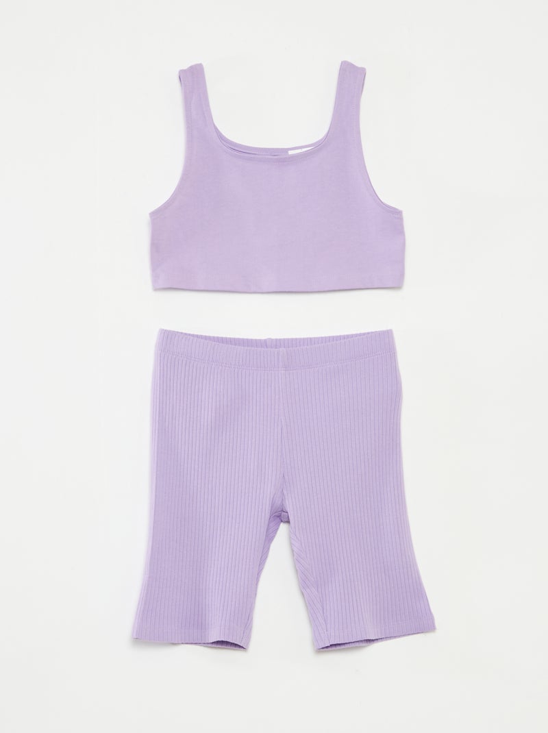 Conjunto de desporto top + calções tipo ciclista canelados - 2 peças Violeta - Kiabi