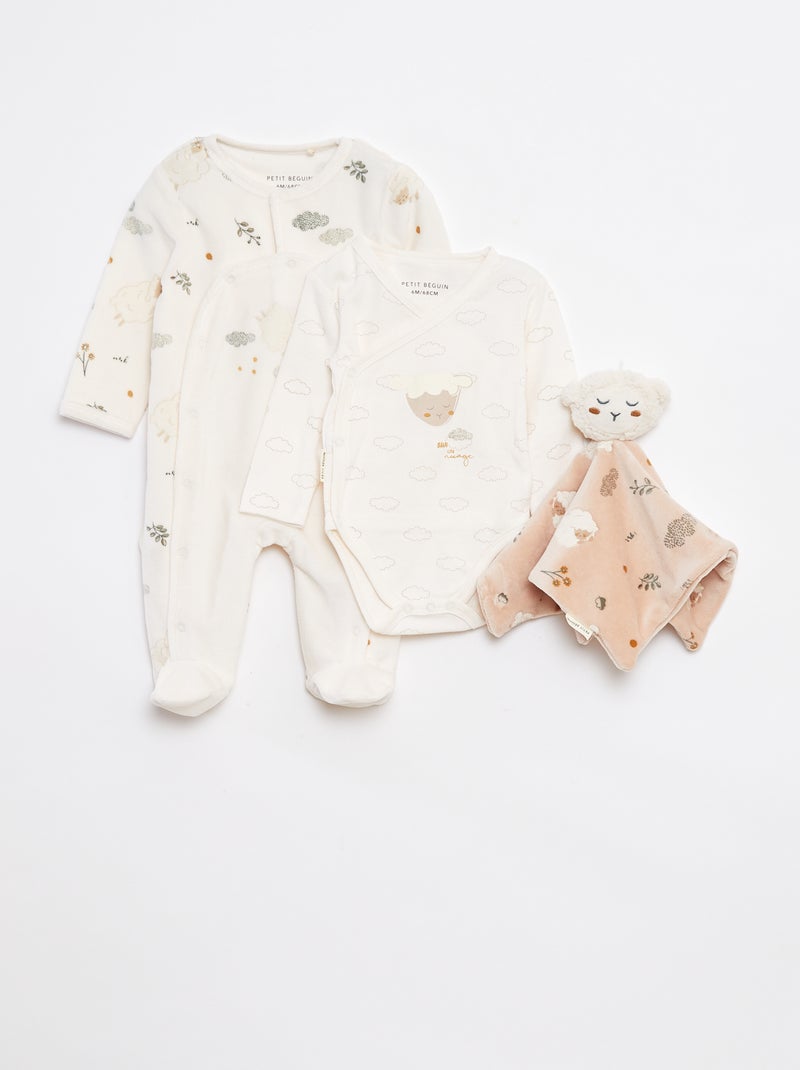 Conjunto de dormir babygrow + body + boneco - 3 peças Branco - Kiabi