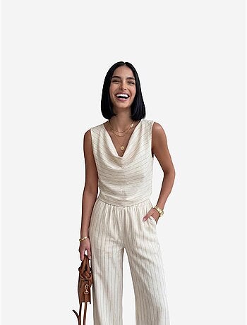 Conjunto de duas peças às riscas com cintura subida e decote drapeado my fashion