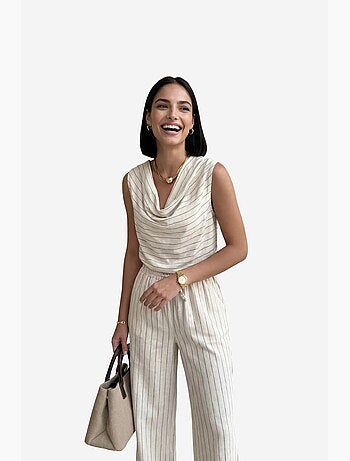 Conjunto de duas peças às riscas com cintura subida e decote drapeado my fashion