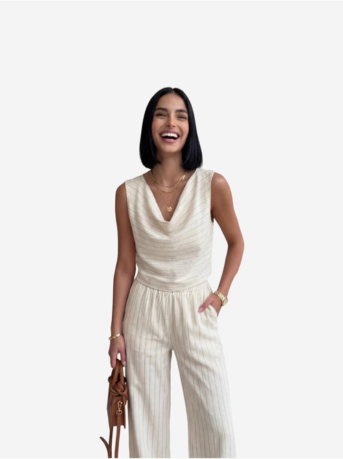 Conjunto de duas peças às riscas com cintura subida e decote drapeado my fashion - Kiabi Conjunto de duas peças às riscas com cintura subida e decote drapeado my fashion - Kiabi