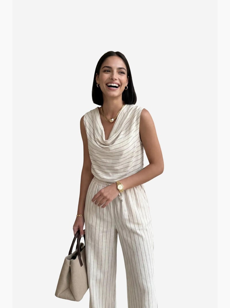 Conjunto de duas peças às riscas com cintura subida e decote drapeado my fashion Bege - Kiabi