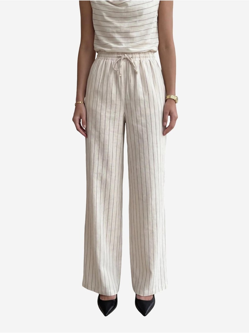 Conjunto de duas peças às riscas com cintura subida e decote drapeado my fashion Bege - Kiabi