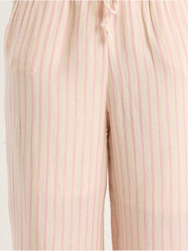Conjunto de duas peças às riscas com decote em v, botões, cintura subida e perna larga lucci Rosa-claro - Kiabi