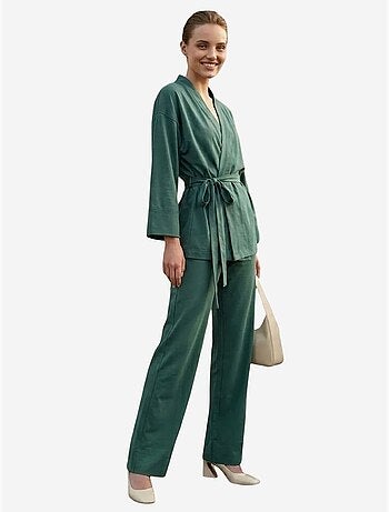 Conjunto de duas peças com cinto, decote em v e manga comprida my fashion