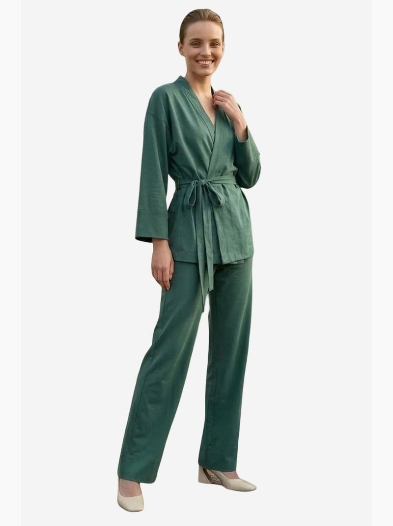 Conjunto de duas peças com cinto, decote em v e manga comprida my fashion Cáqui - Kiabi